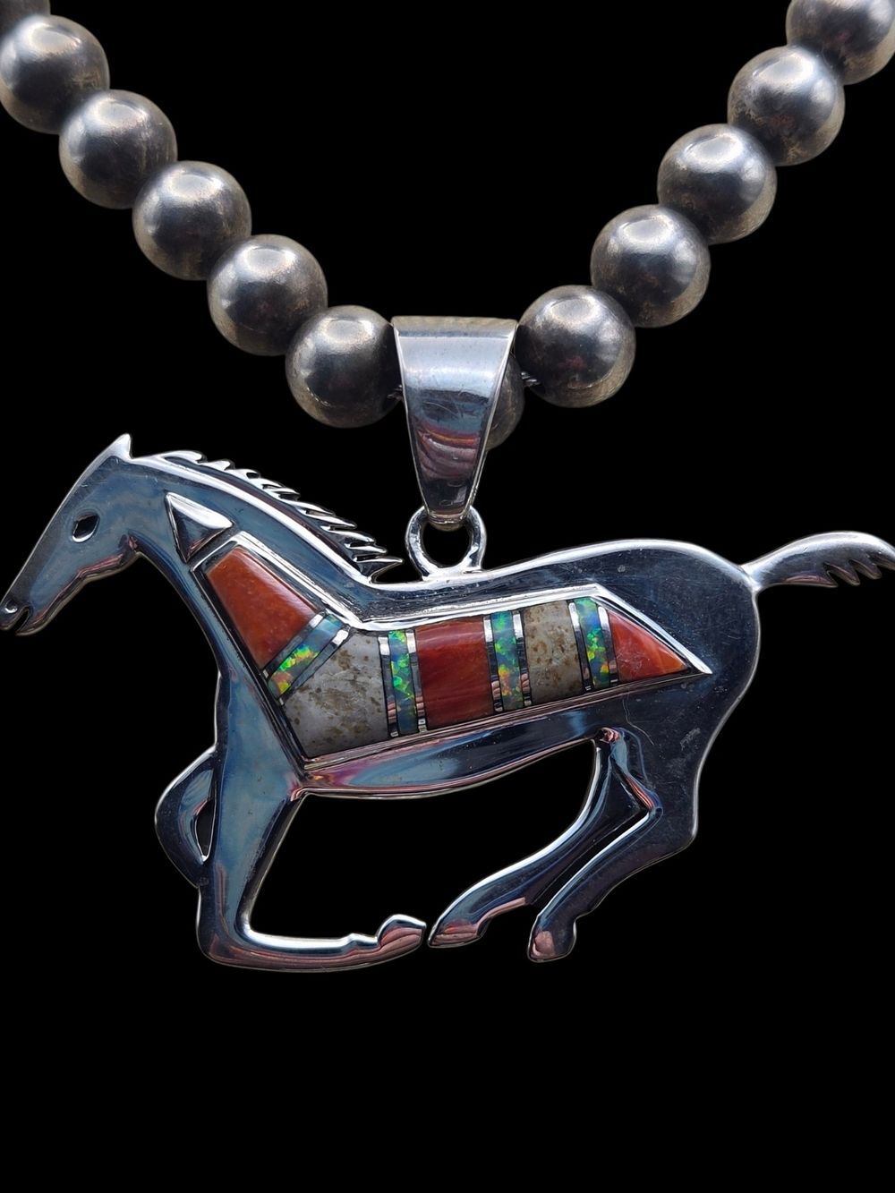 Sterling Silver Horse Pendant Red Jasper Opal Inlay Southwestern AH Hallmark
